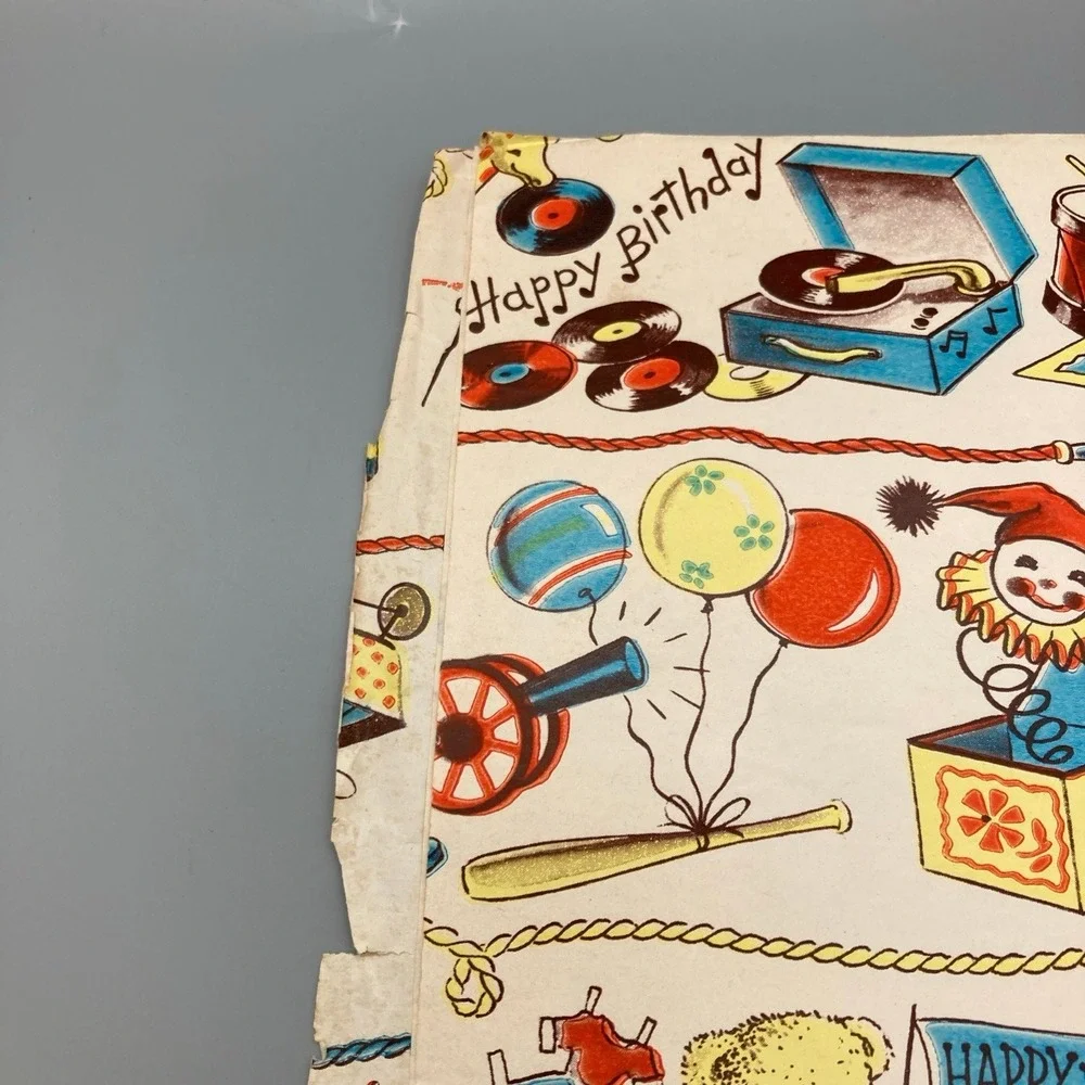 Vintage Child's Birthday Partial Sheet of Paper Gift Wrap Doll Soldier Balloons